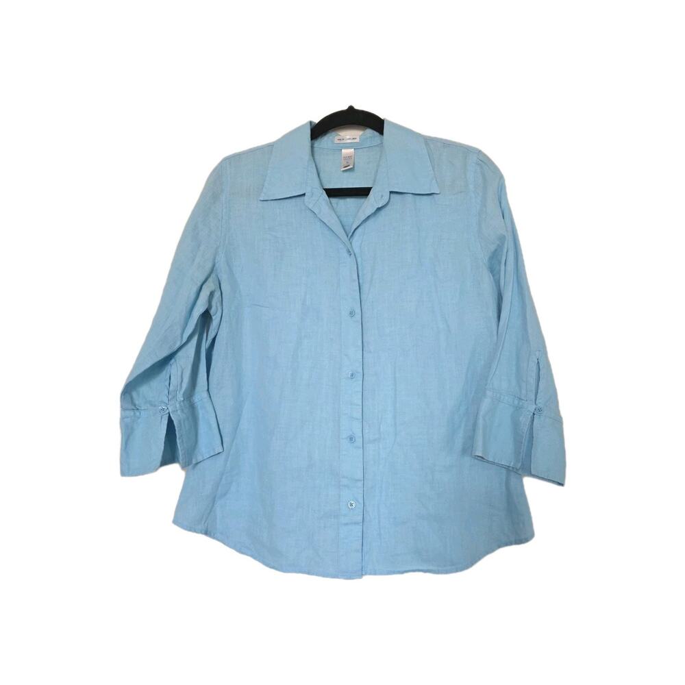 Old Navy 100% Linen Button Up Top Womens M Blue Coastal Y2K Boho Minimalist